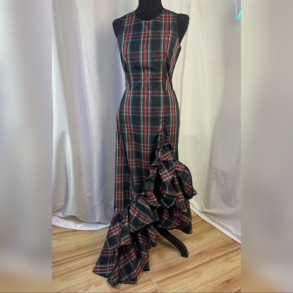NWT Boston Proper Tartan Plaid Sleeveless High Neck Taffeta Ruffle Gown - Picture 7 of 12
